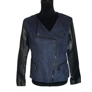 Alfani Petite Faux Suede/Leather Jacket in Blue/Black - Size Petite Medium